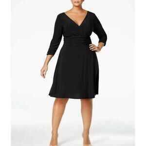 NY Collection Women's Ruched A Line 3/4 Sleeve Knee Length V Neck Dress MP NWT
